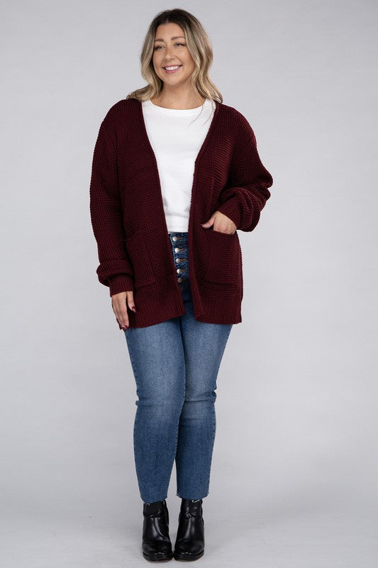 Plus Low Gauge Waffle Open Cardigan Sweater