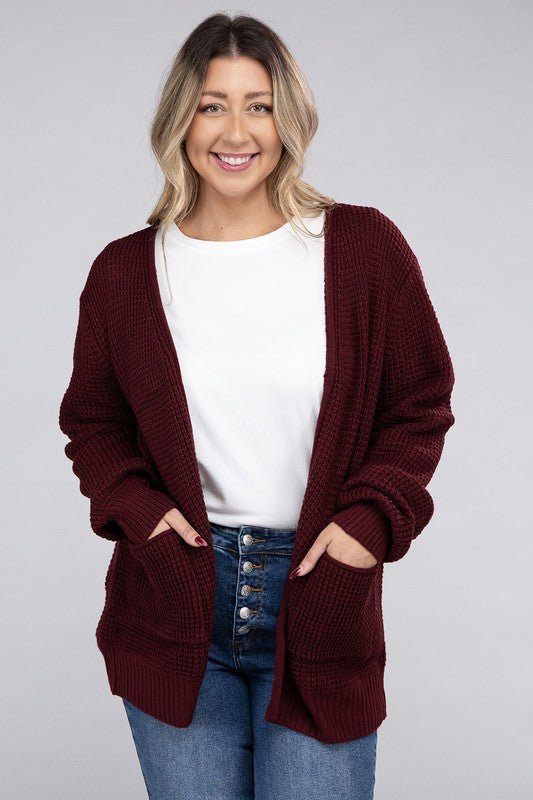 Plus Low Gauge Waffle Open Cardigan Sweater