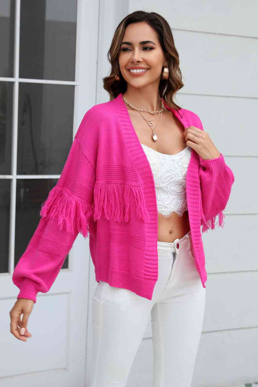 Double Take Fringe Trim Open Front Cardigan